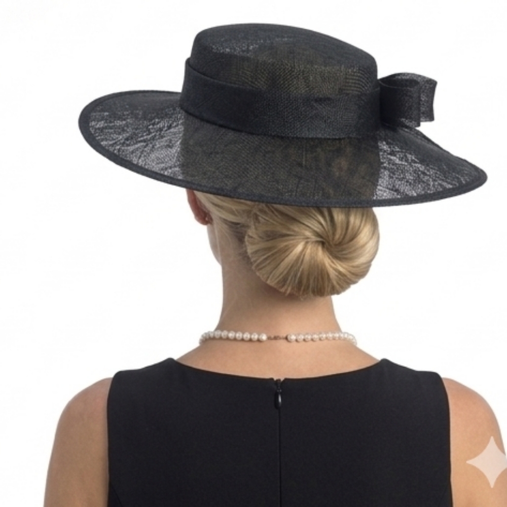 Beloved Millinery Couture Black Flat Top Hat Church Brunch Business Funeral - Picture 4 of 9
